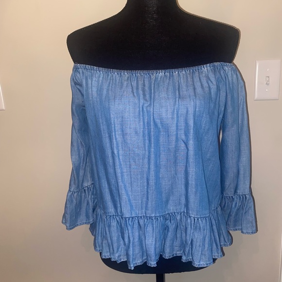 GIANNI BINI off the shoulder denim look top Size M - Picture 1 of 5